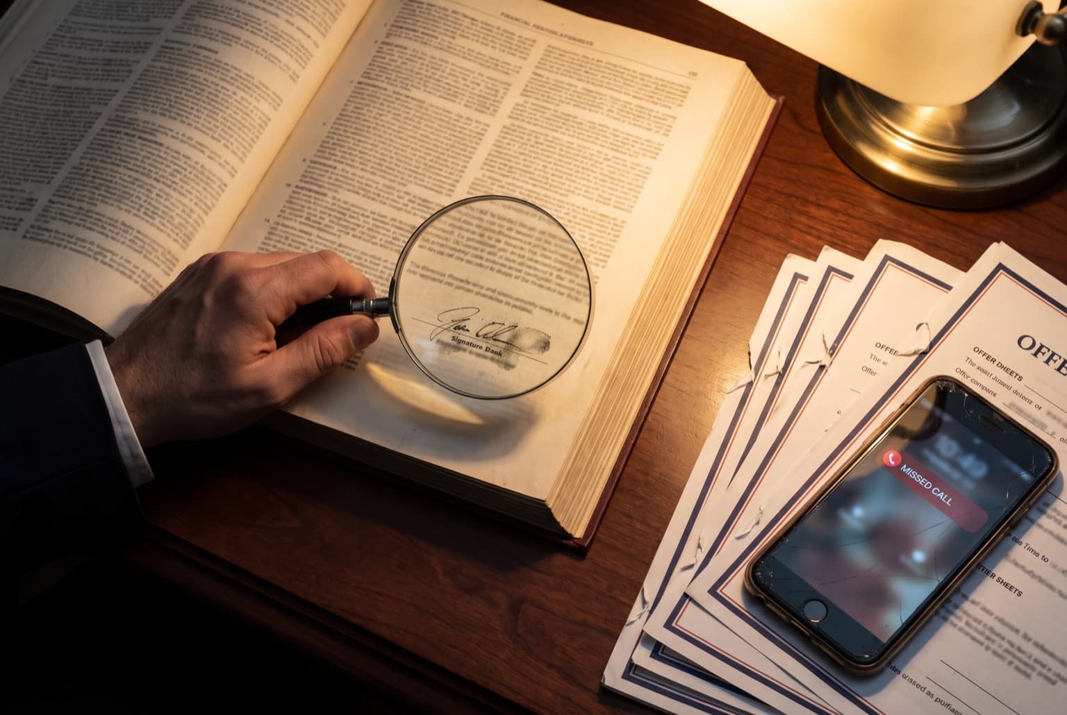 Magnifying glass over a dense contract beside fanned competing offer sheets