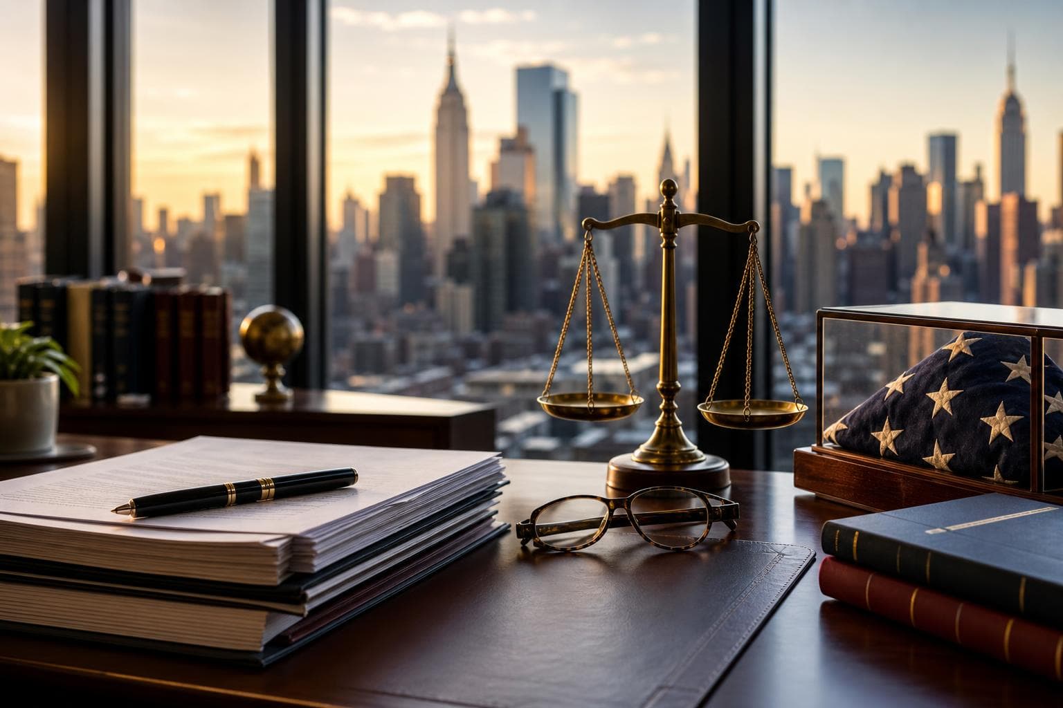 Attorney's desk with contracts, a scale of justice and a folded American flag