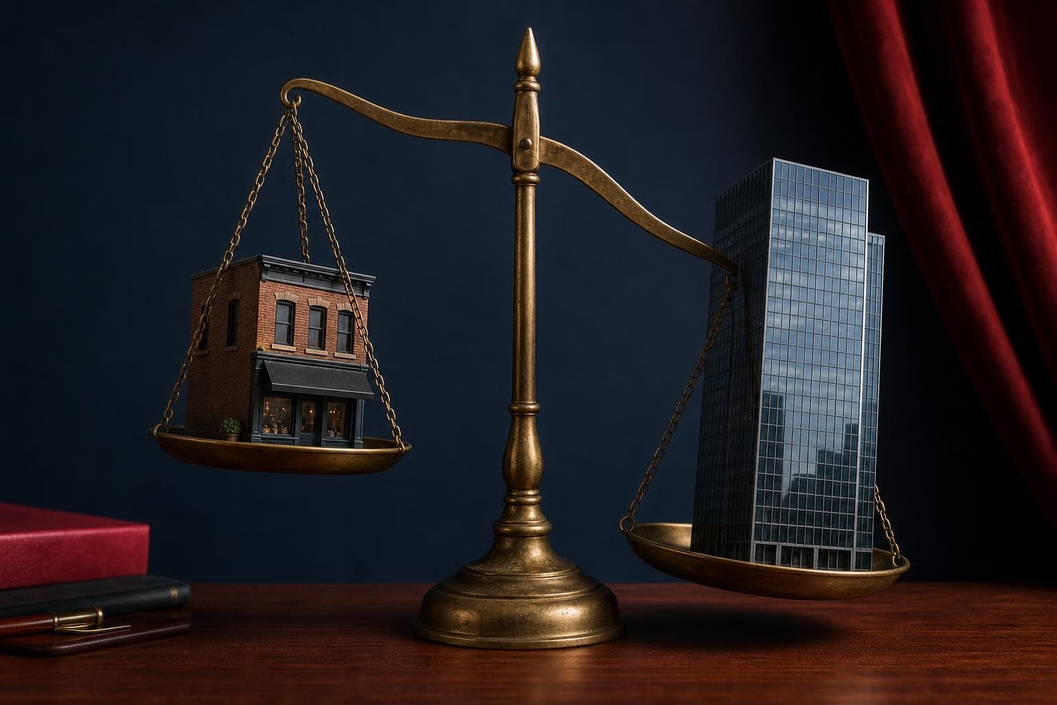 Balance scale tipped by a glass tower model against a tiny storefront