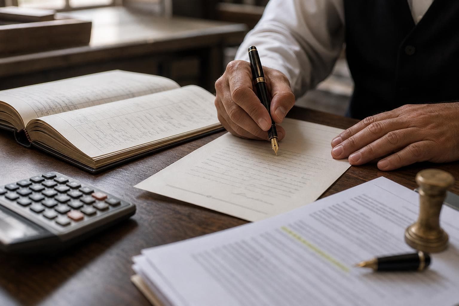 Merchant's hands writing a letter beside an open ledger and highlighted agreement
