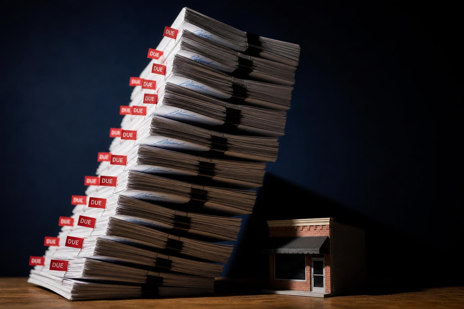 Tall stack of contracts about to topple, red flags sticking out