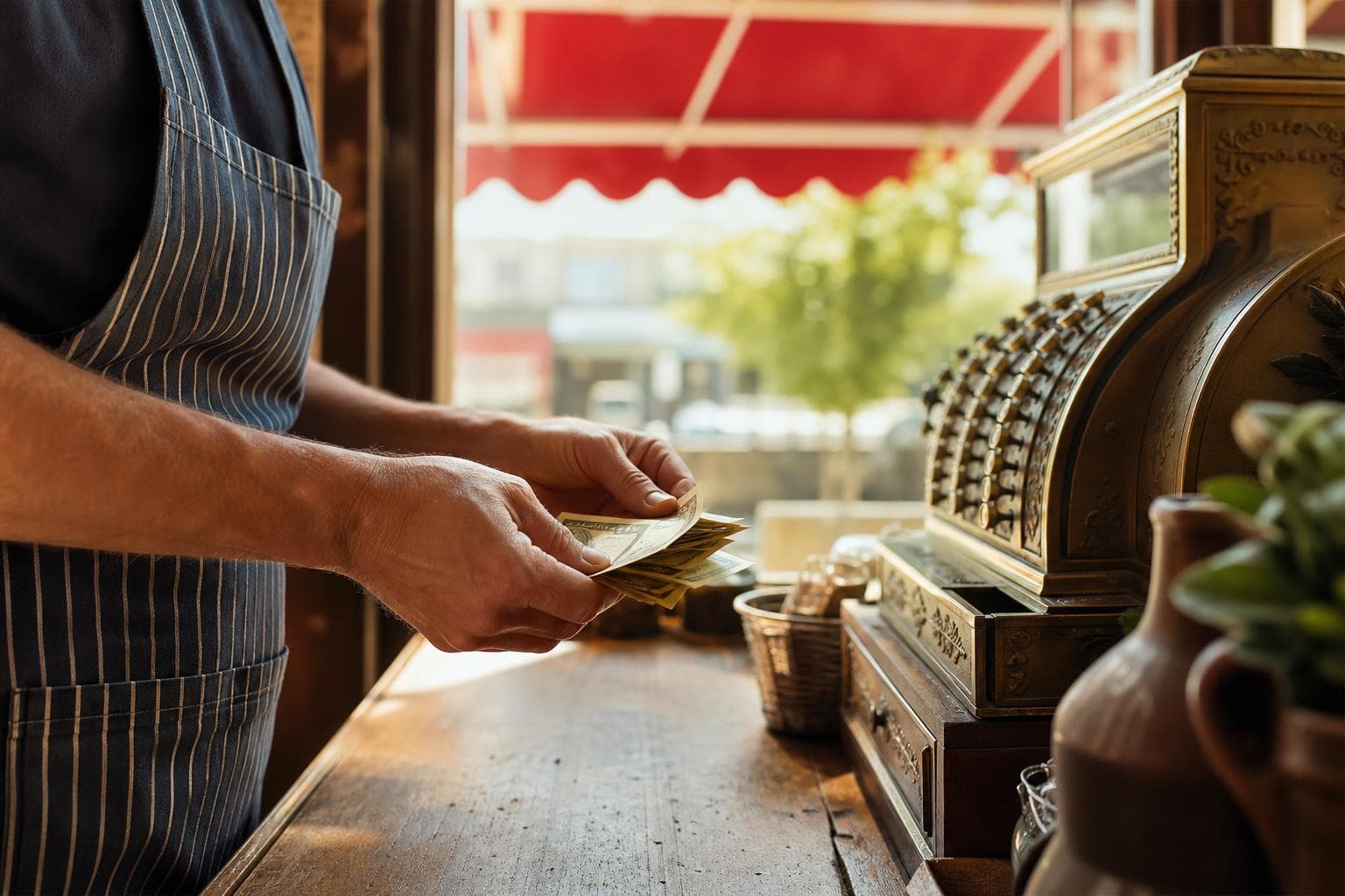 Shop owner counting cash at a wooden counter beside a brass register