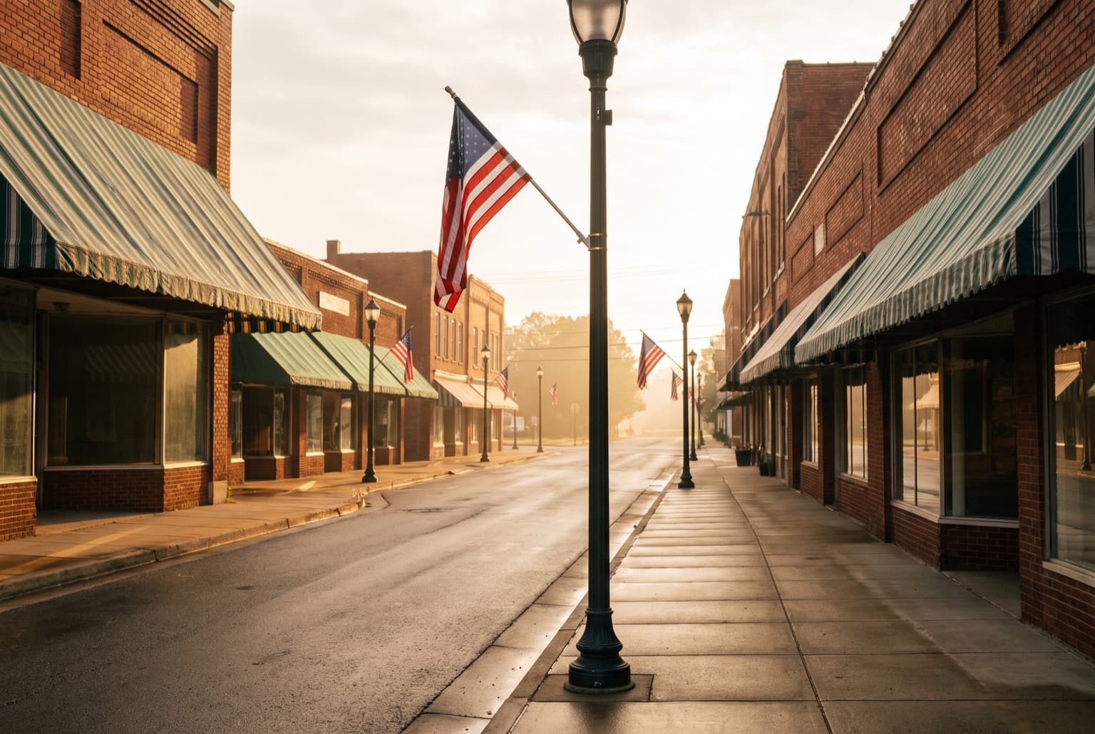 Sunrise over a small American main street with flags on the lampposts