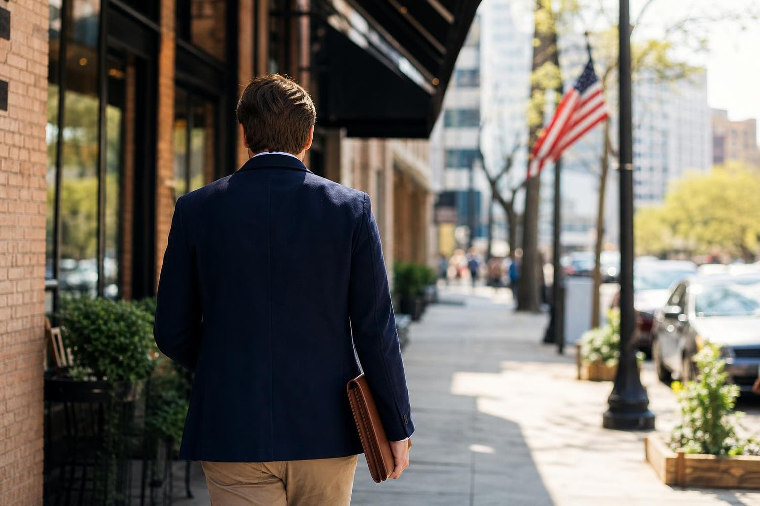 Business owner walking a sunny New York sidewalk carrying a folder