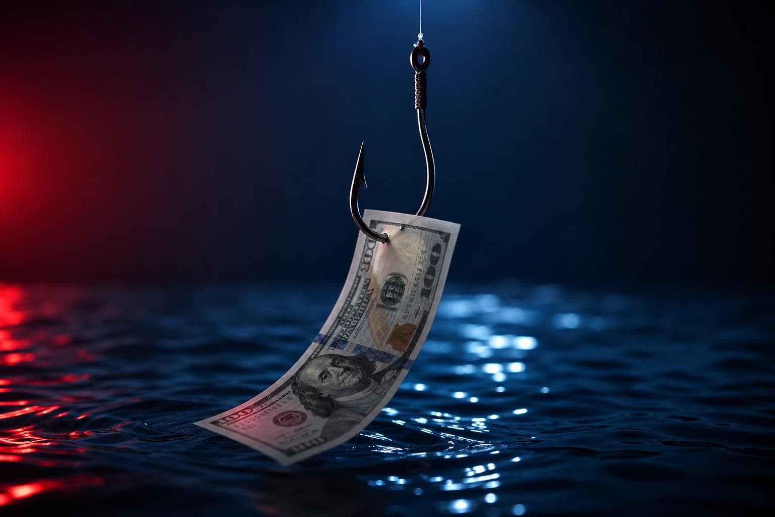 Fishing hook dangling a hundred-dollar bill over dark water