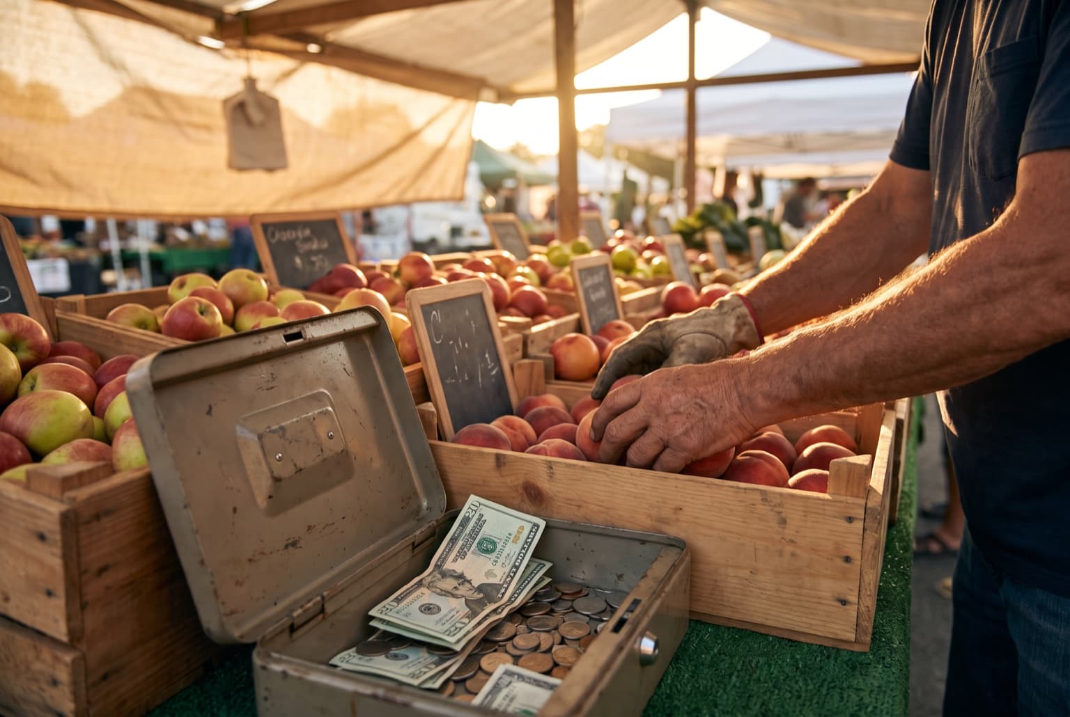 Farmers-market produce stall with an open cash box at golden hour