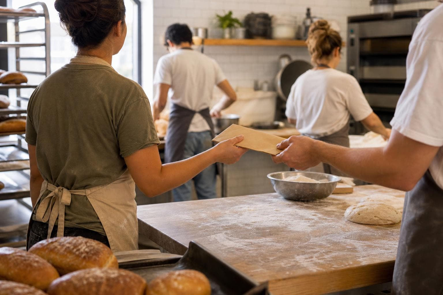 Bakery team at work in a bright commercial kitchen