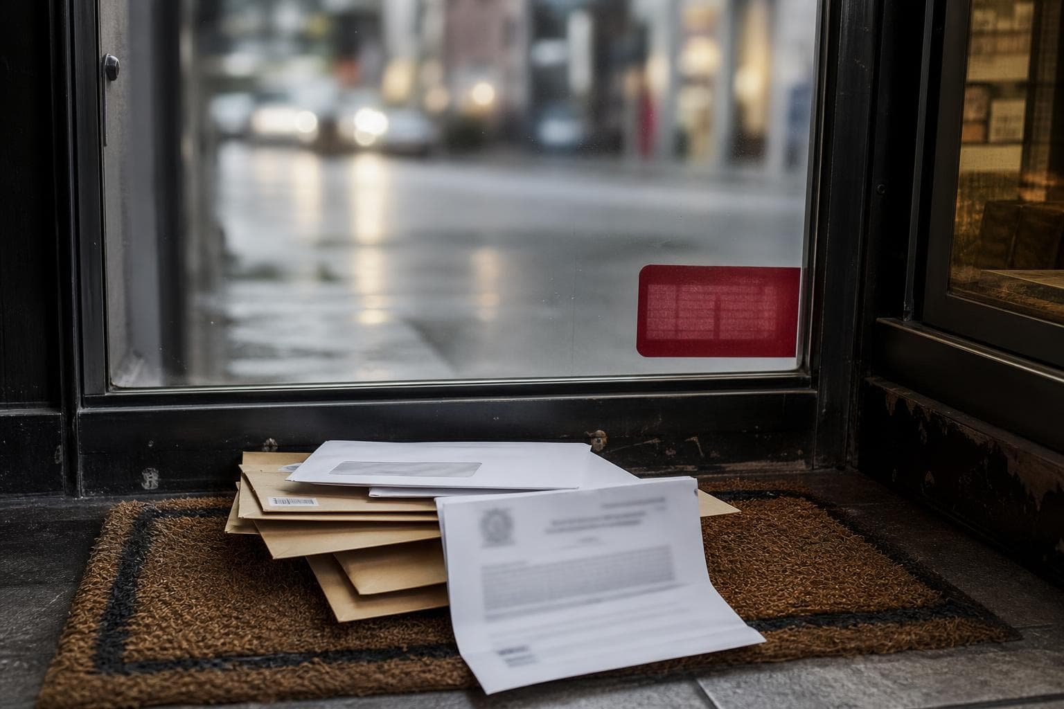 Legal envelopes and a folded court notice on a shop doormat